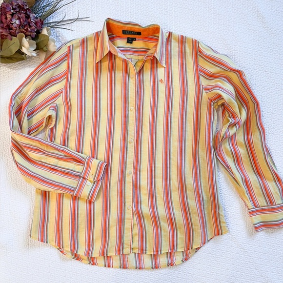 Vintage Lauren Ralph Lauren 100% Linen Yellow Striped Button-Down Size Medium - Picture 8 of 13